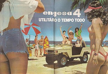 Propaganda de 1986 sexualiza o corpo feminino e mostra pessoas em pé no veículo 
