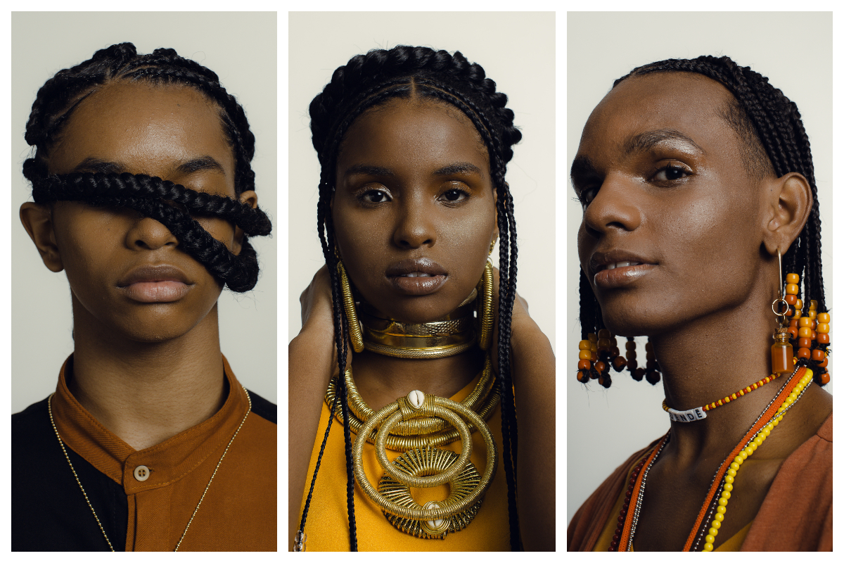 Rafael Araújo, Malu Andrade e Ednei William com tranças feitas por Grazi Teles no Afro Fashion Day